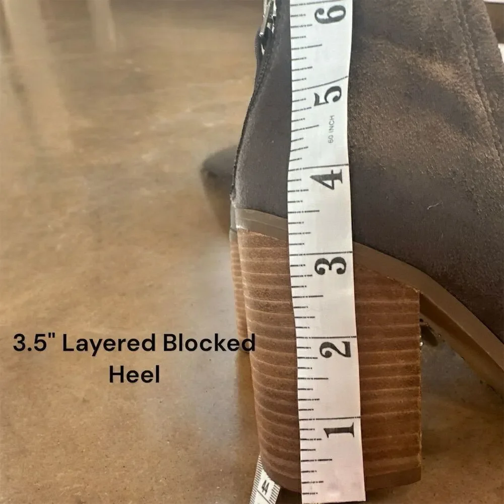 Madden Girl Sparkle Mocha Silver Ankle Booties Block Heel Back Zip Faux Suede